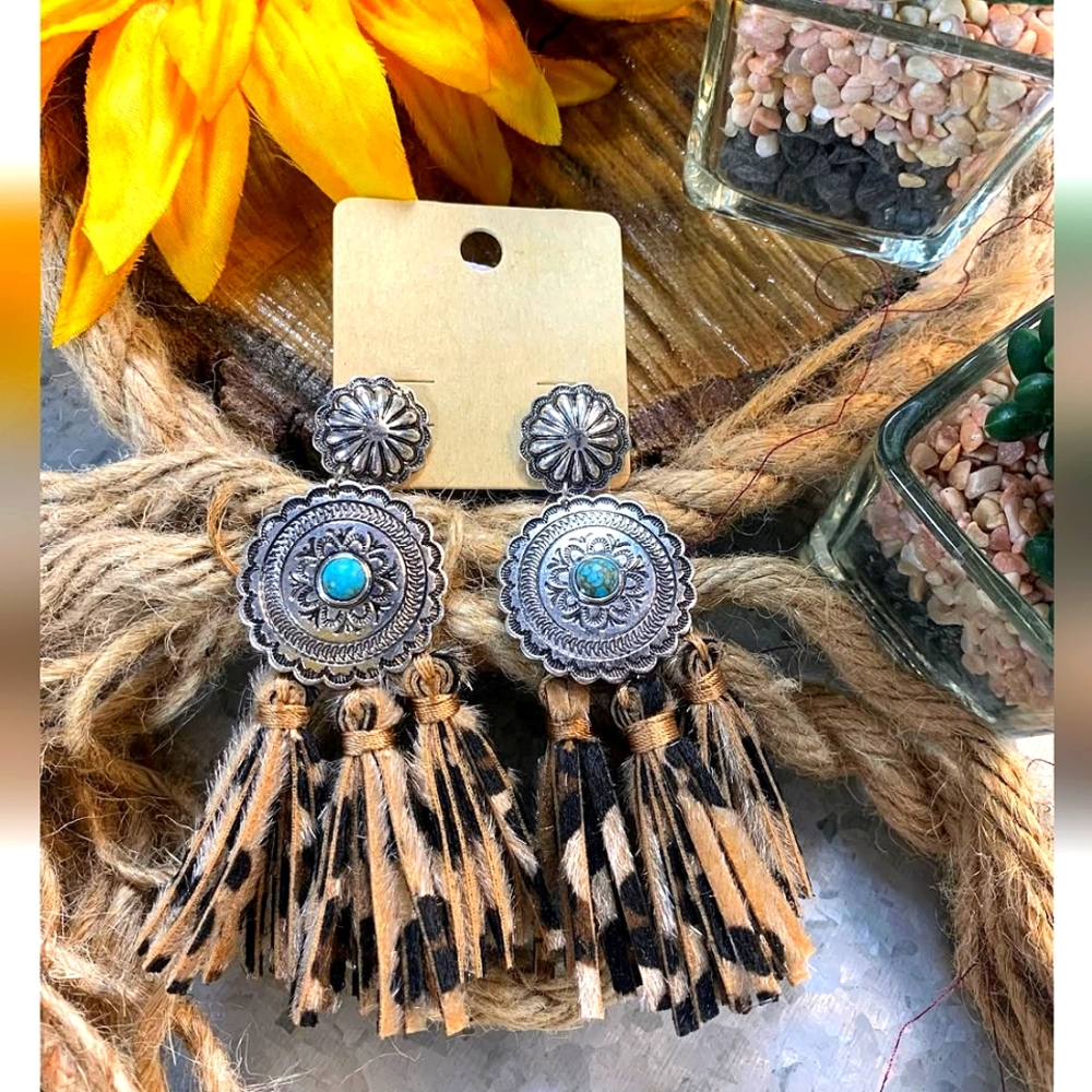 Silver and Turquoise Concho Cowgirl Spotted Leather Tassel Earrings FIRM PRICE